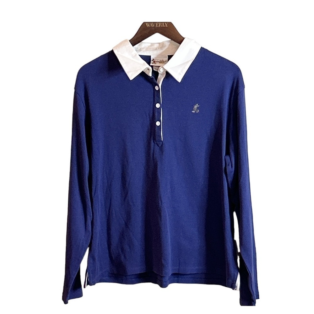 Walt Disney World Women Navy Long Sleeve Polo Shirt White Collared Shirt Sz XXL